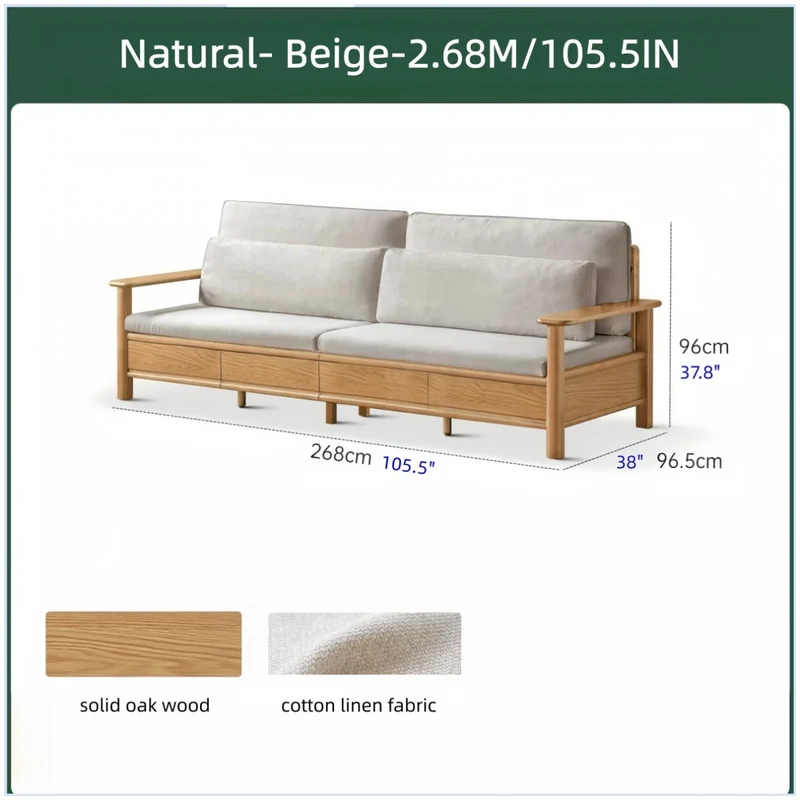 Sofa aus massiver Eiche mit breiten Armlehnen, Stauschubladen darunter und abnehmbaren Bezügen