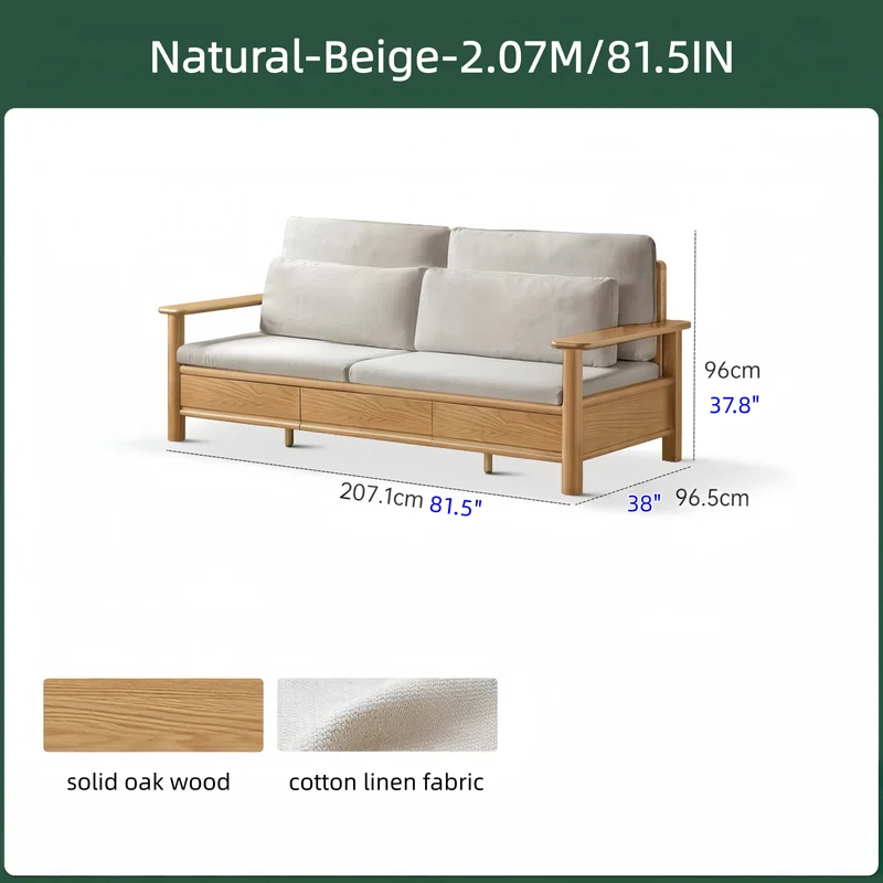 Sofa aus massiver Eiche mit breiten Armlehnen, Stauschubladen darunter und abnehmbaren Bezügen