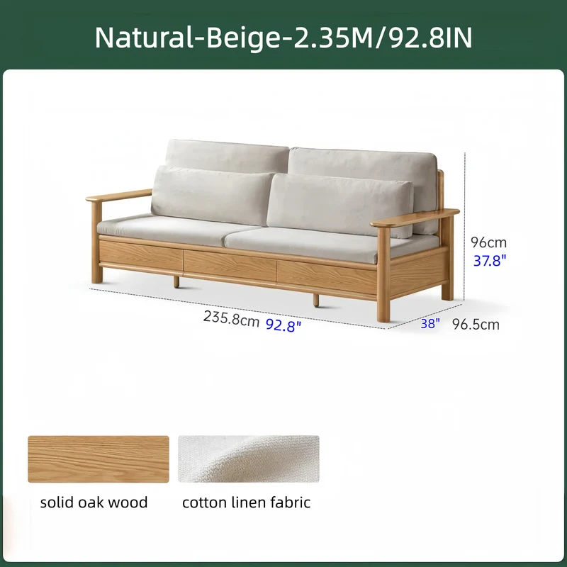 Sofa aus massiver Eiche mit breiten Armlehnen, Stauschubladen darunter und abnehmbaren Bezügen