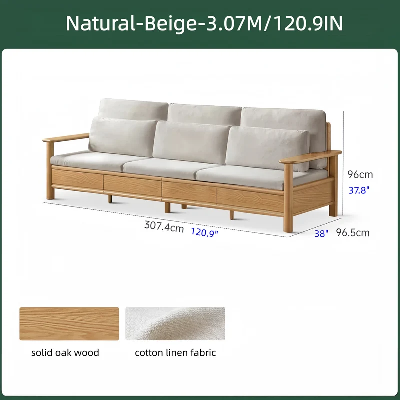 Sofa aus massiver Eiche mit breiten Armlehnen, Stauschubladen darunter und abnehmbaren Bezügen