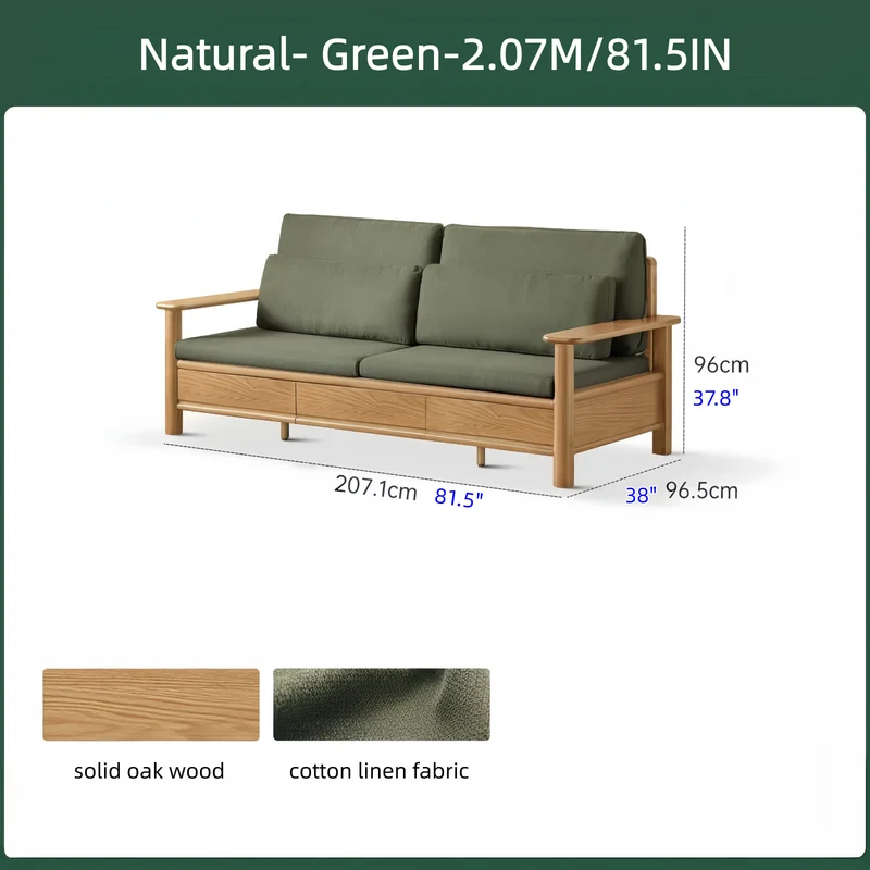 Sofa aus massiver Eiche mit breiten Armlehnen, Stauschubladen darunter und abnehmbaren Bezügen