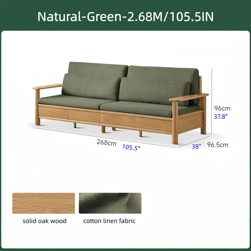 Sofa aus massiver Eiche mit breiten Armlehnen, Stauschubladen darunter und abnehmbaren Bezügen