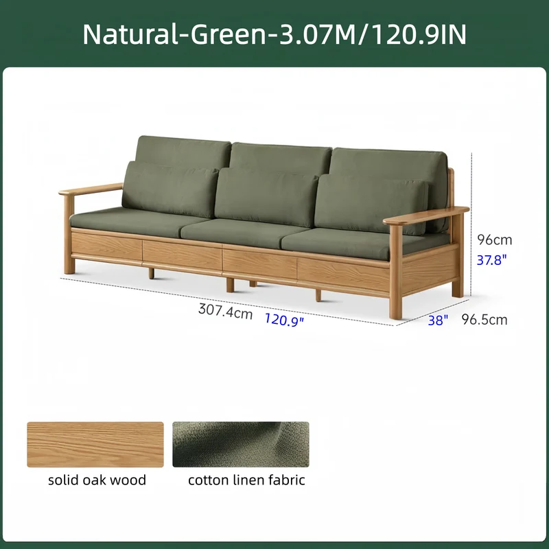 Sofa aus massiver Eiche mit breiten Armlehnen, Stauschubladen darunter und abnehmbaren Bezügen