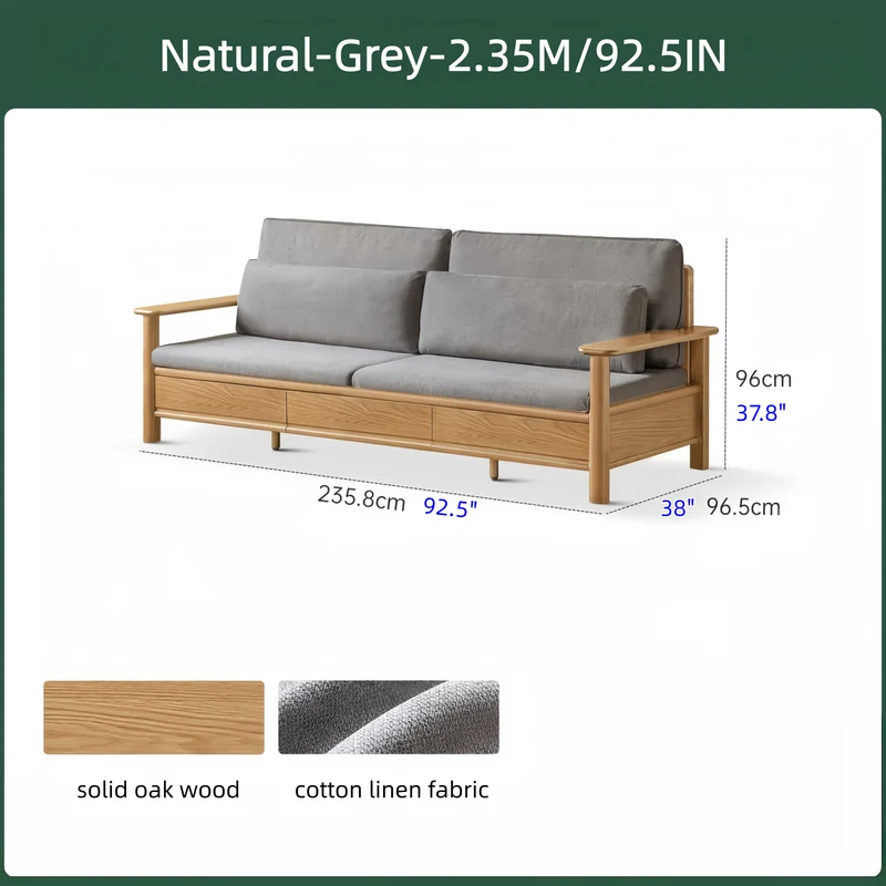 Sofa aus massiver Eiche mit breiten Armlehnen, Stauschubladen darunter und abnehmbaren Bezügen