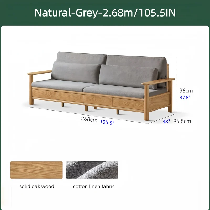 Sofa aus massiver Eiche mit breiten Armlehnen, Stauschubladen darunter und abnehmbaren Bezügen