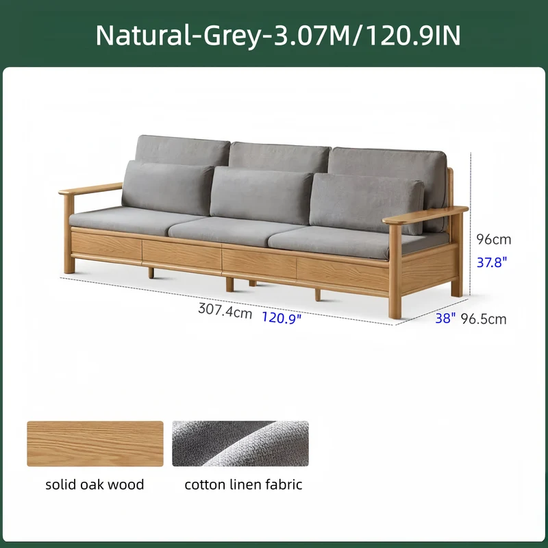 Sofa aus massiver Eiche mit breiten Armlehnen, Stauschubladen darunter und abnehmbaren Bezügen