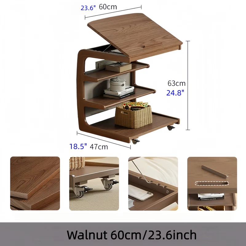 Beistelltisch aus Massivholz mit Rollen, Ablagefach und neigbarer Tischplatte