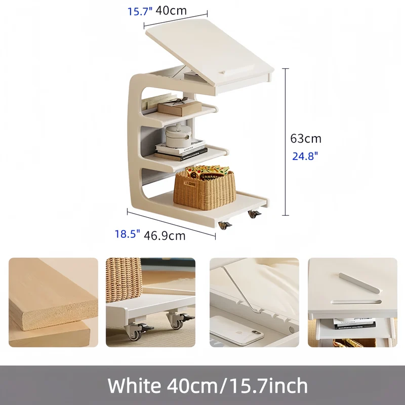Beistelltisch aus Massivholz mit Rollen, Ablagefach und neigbarer Tischplatte