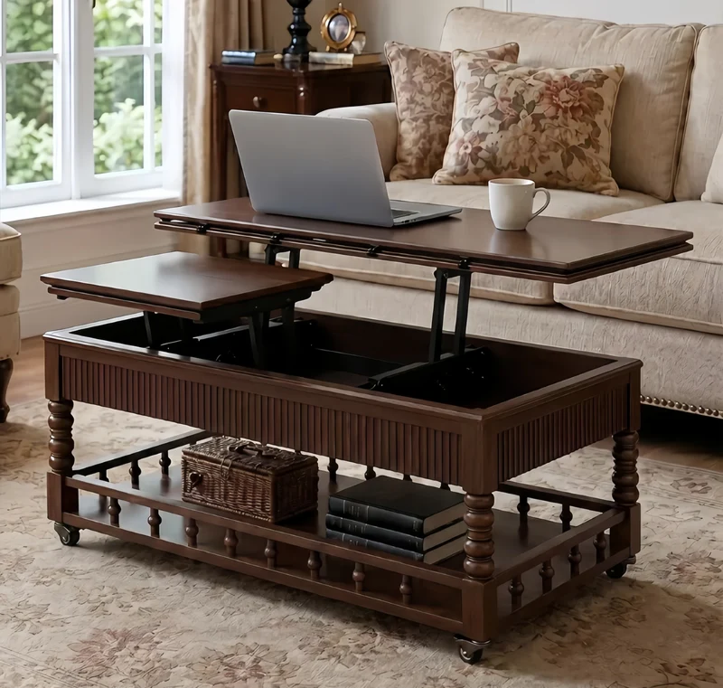 Nordischer Retro-Couchtisch aus Massivholz, 3-in-1-Funktion, höhenverstellbar und mit Universalrollen