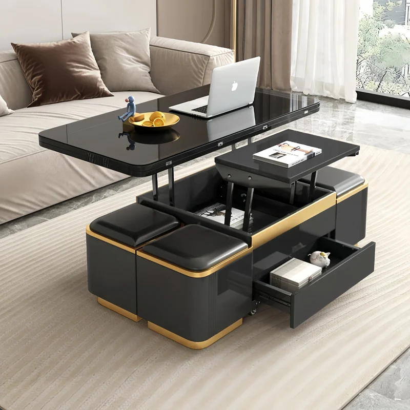 Multifunktions-Couchtisch im leichten Luxus-Stil mit Lackfinish, 3-in-1-Funktion und Universalrollen