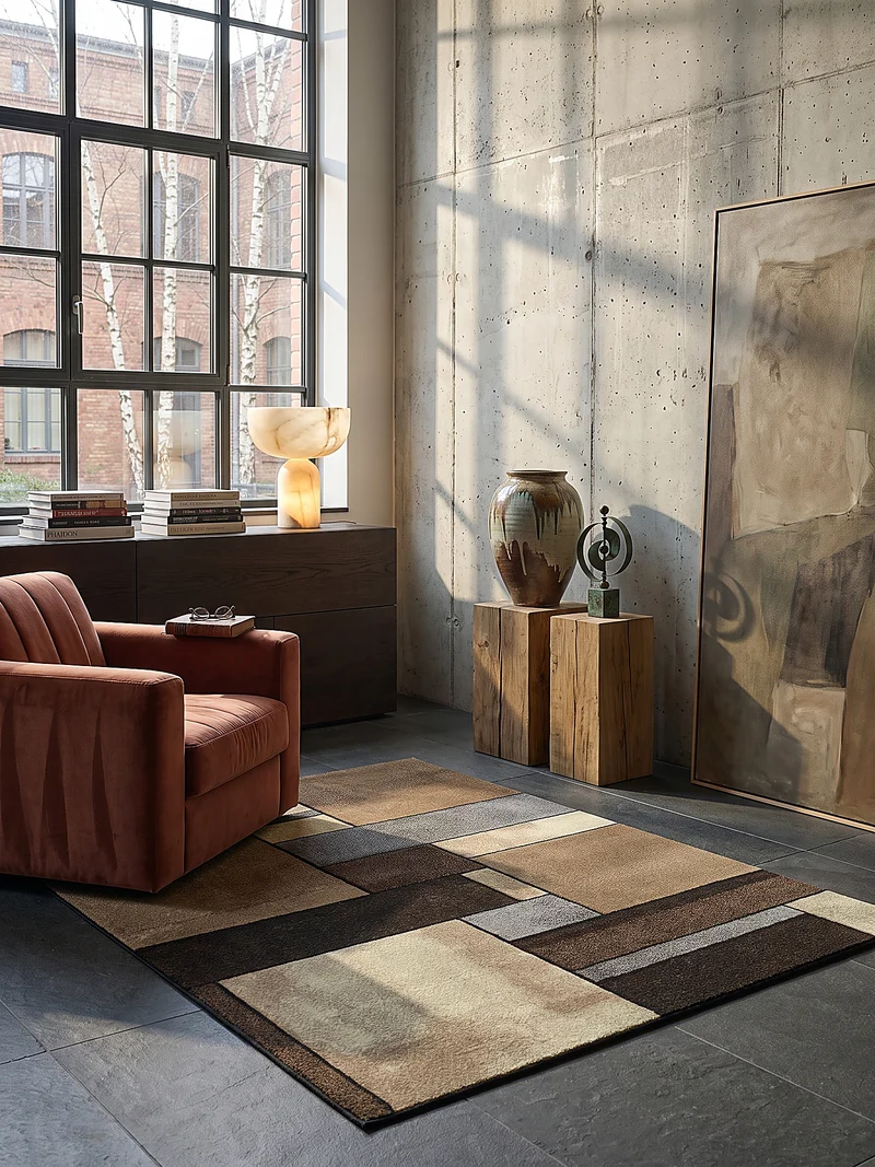 Kurzflor-Teppich Patchwork-Rechtecke Braun - Polypropylen, 14 mm Gesamthöhe