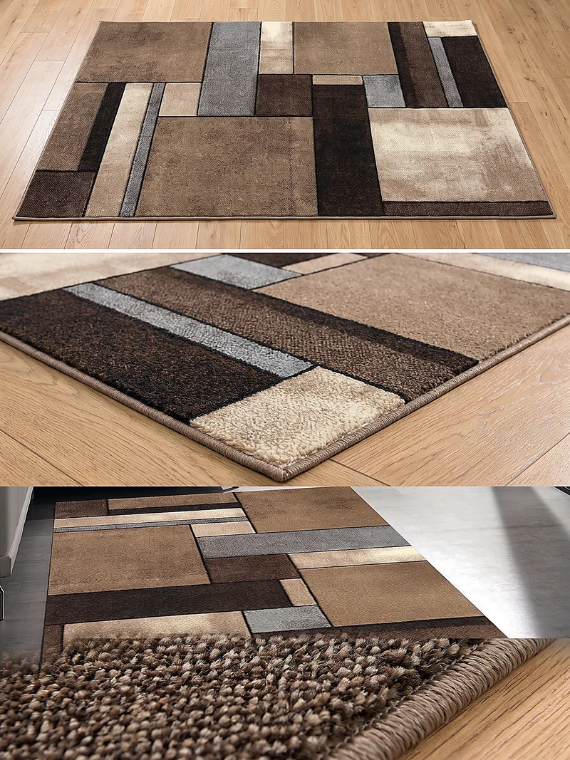 Kurzflor-Teppich Patchwork-Rechtecke Braun - Polypropylen, 14 mm Gesamthöhe