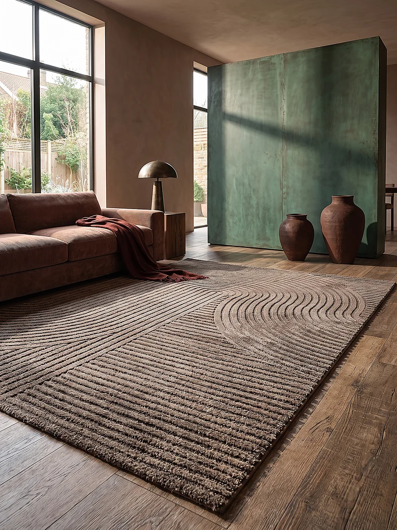 Kurzflor-Teppich 3D-Relief Zen-Halbkreise - Polypropylen-Polyester-Mix, 15 mm Gesamthöhe
