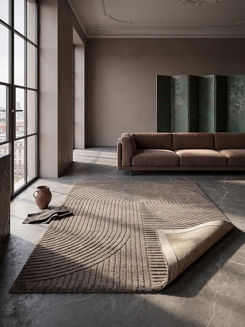 Kurzflor-Teppich 3D-Relief Zen-Halbkreise - Polypropylen-Polyester-Mix, 15 mm Gesamthöhe