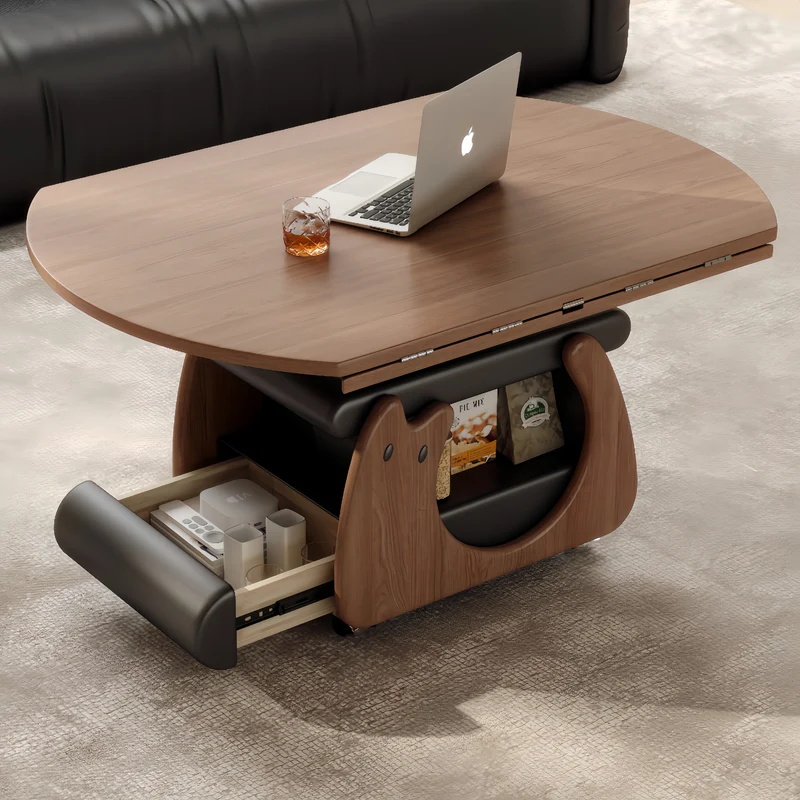 Couchtisch aus Massivholz, höhenverstellbar und klappbar, mit Stauraum und Universalrollen
