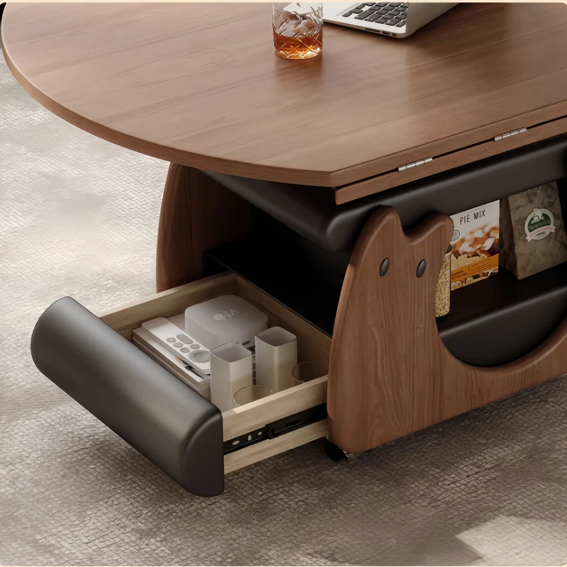 Couchtisch aus Massivholz, höhenverstellbar und klappbar, mit Stauraum und Universalrollen