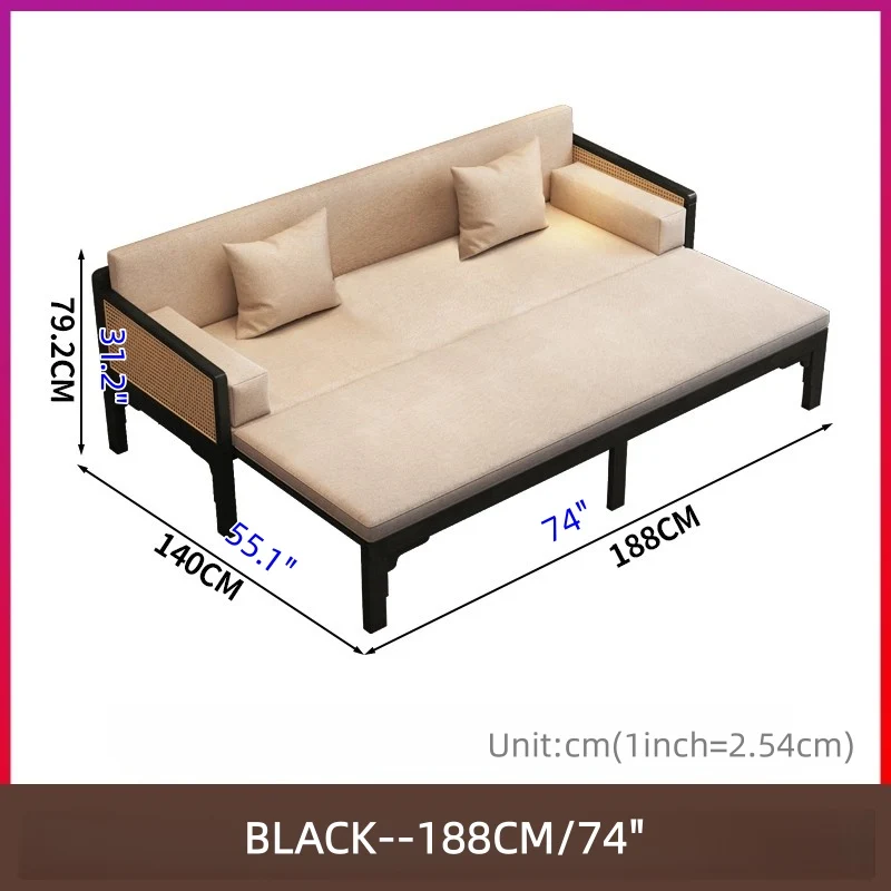 Ausziehbares Arhat-Schlafsofa mit Massivholzrahmen, Rattan-Geflecht an den Armlehnen.