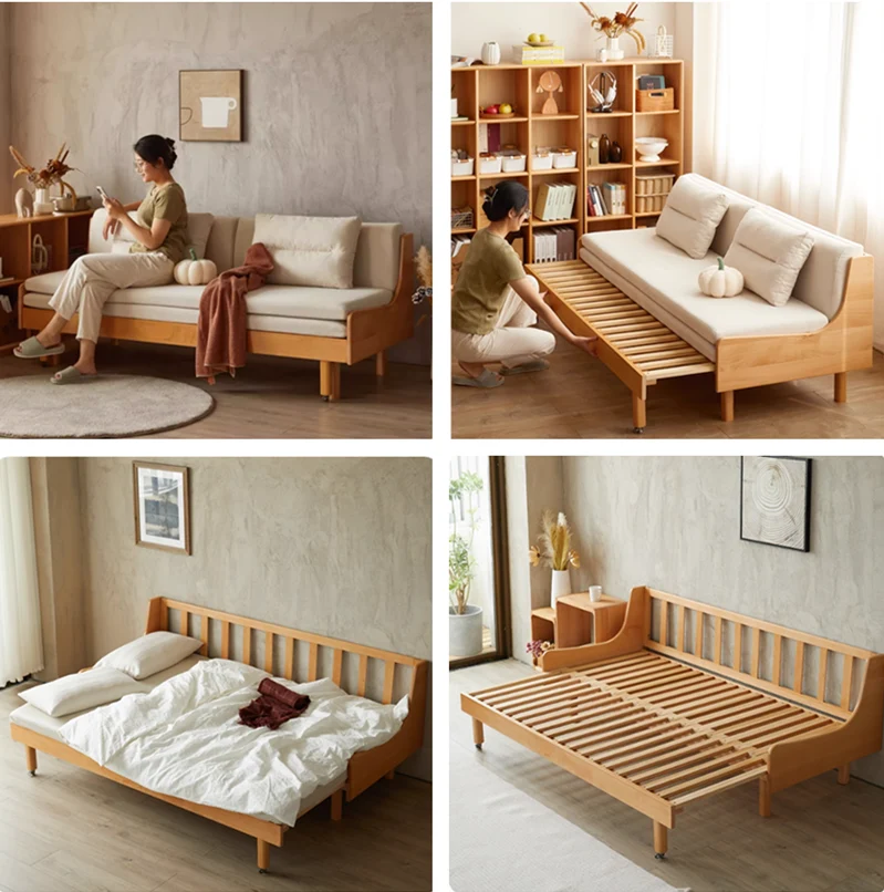 Ausziehbares Schlafsofa aus massivem Buchenholz mit Rückenlehne