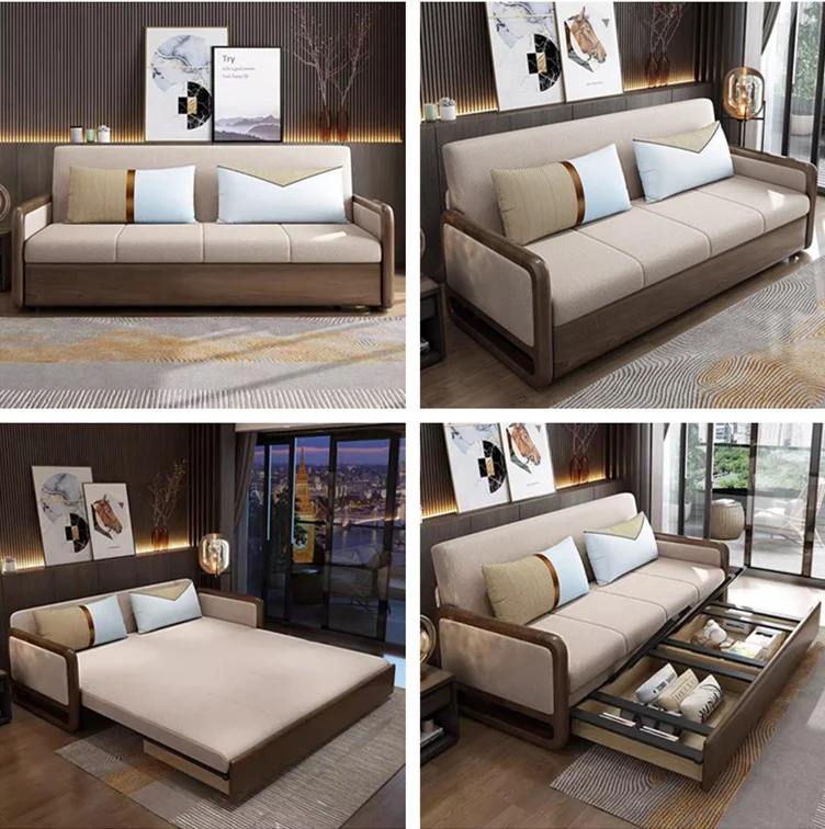 Schlafsofa aus massivem Holz mit Armlehne und Stauraum darunter