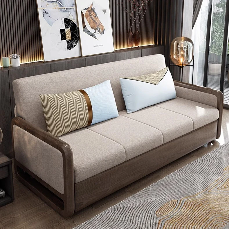 Schlafsofa aus massivem Holz mit Armlehne und Stauraum darunter
