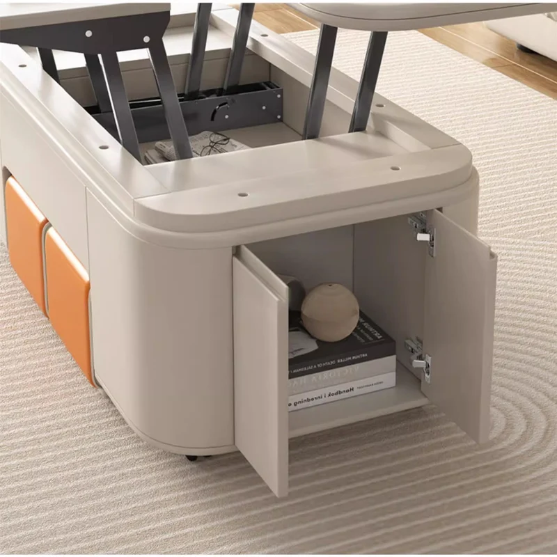 Multifunktionaler Couchtisch mit anhebbarer Tischplatte im minimalistischen Stil und Hockern