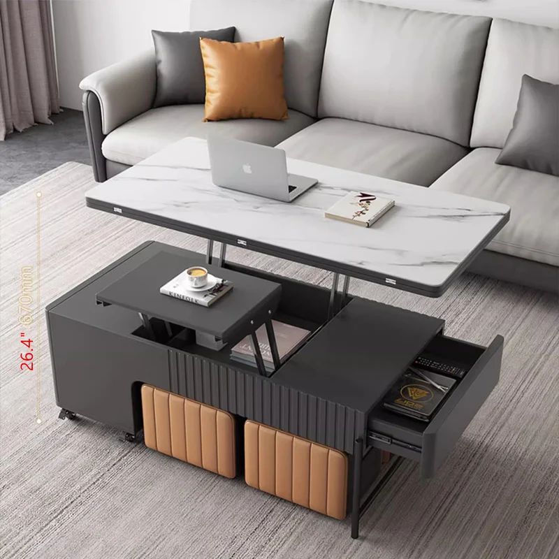 Moderner, hochklappbarer Couchtisch mit 4 Hockern
