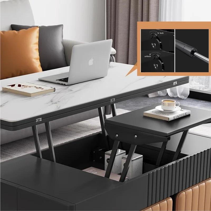 Moderner, hochklappbarer Couchtisch mit 4 Hockern
