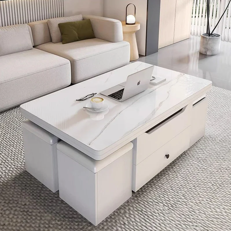 Multifunktionaler Lift-Couchtisch mit 4 Aufbewahrungshockern