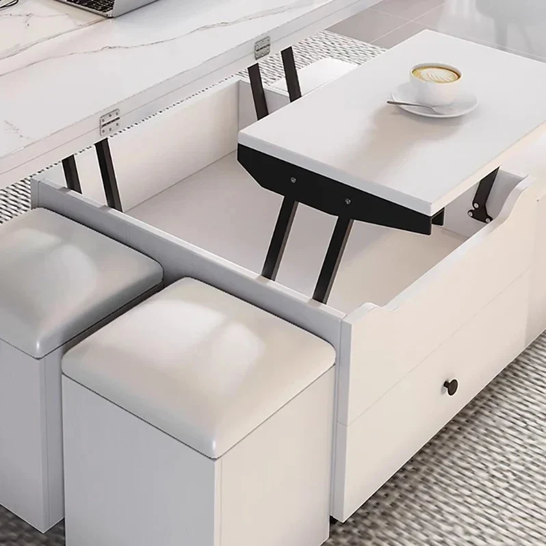 Multifunktionaler Lift-Couchtisch mit 4 Aufbewahrungshockern