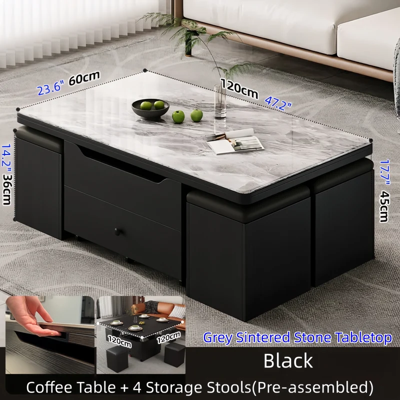 Multifunktionaler Lift-Couchtisch mit 4 Aufbewahrungshockern