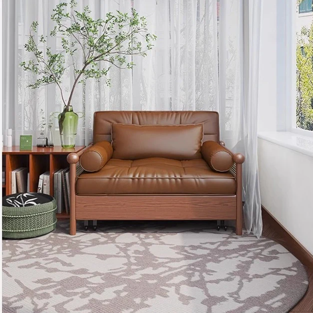 Retro-Schlafsofa mit Rattan-Web-Armlehnen, Lederstoff und Stauraum darunter