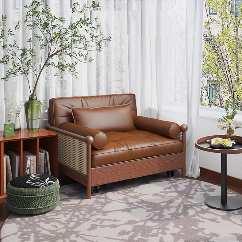 Retro-Schlafsofa mit Rattan-Web-Armlehnen, Lederstoff und Stauraum darunter