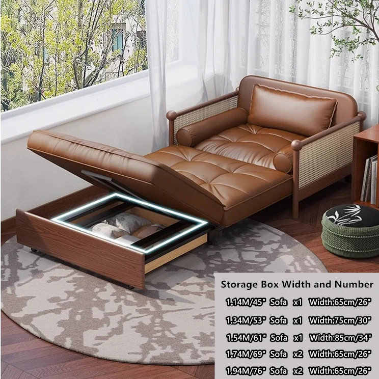 Retro-Schlafsofa mit Rattan-Web-Armlehnen, Lederstoff und Stauraum darunter