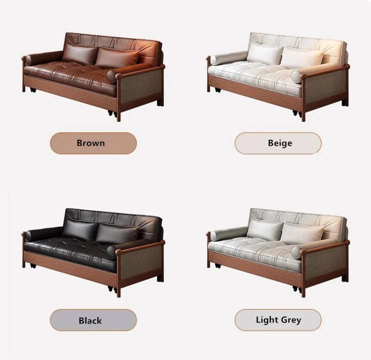 Retro-Schlafsofa mit Rattan-Web-Armlehnen, Lederstoff und Stauraum darunter