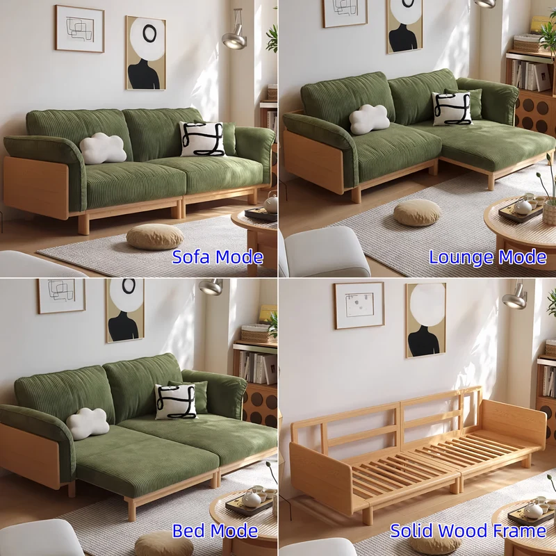 Japandi Schlafsofa mit Massivholzrahmen und Cordbezug