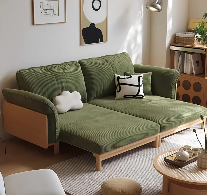 Japandi Schlafsofa mit Massivholzrahmen und Cordbezug