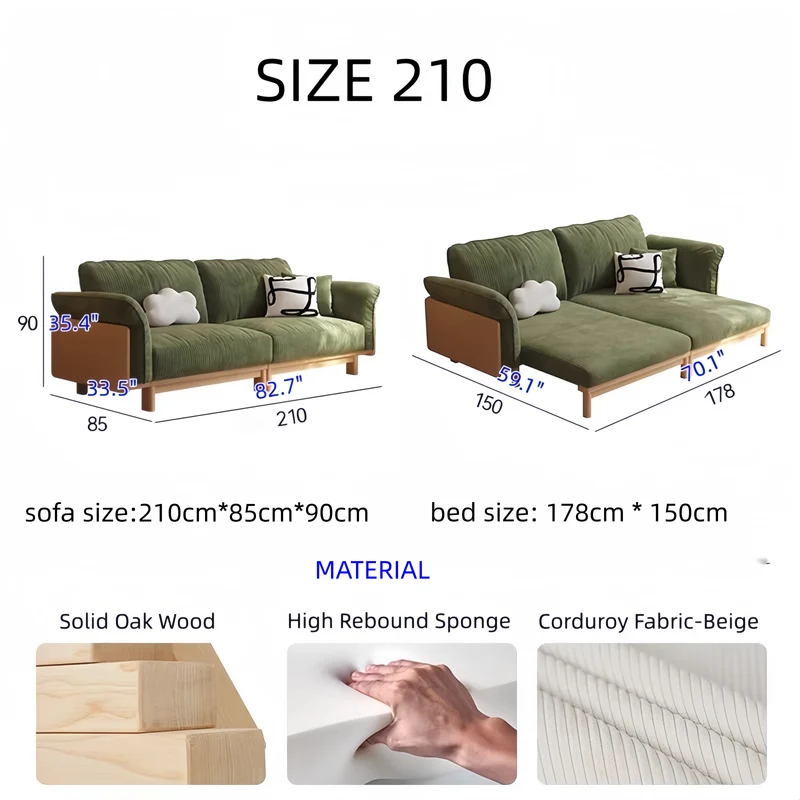 Japandi Schlafsofa mit Massivholzrahmen und Cordbezug