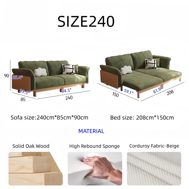 Japandi Schlafsofa mit Massivholzrahmen und Cordbezug