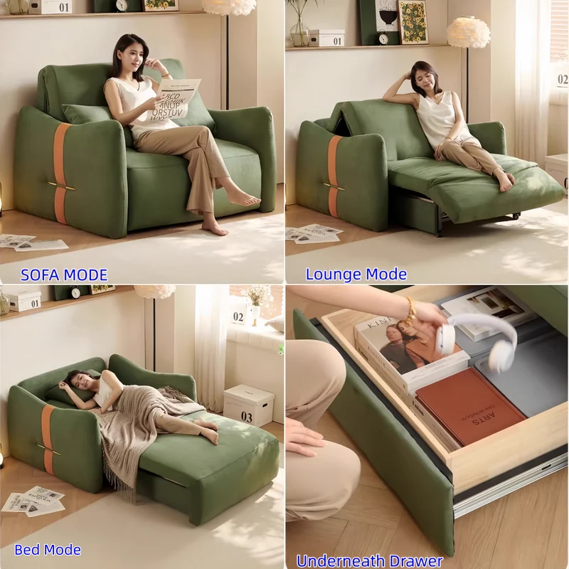 Modernes, minimalistisches Schlafsofa mit Fernbedienung, Bezug aus Mikrofaser-Wildleder und Aufbewahrungsschublade