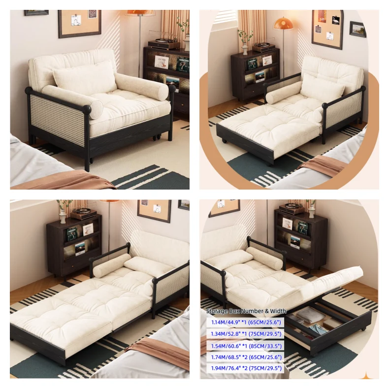 3-in-1-Schlafsofa mit Armlehnen aus Rattan-Geflecht und Chenille-Bezug sowie integriertem Stauraum