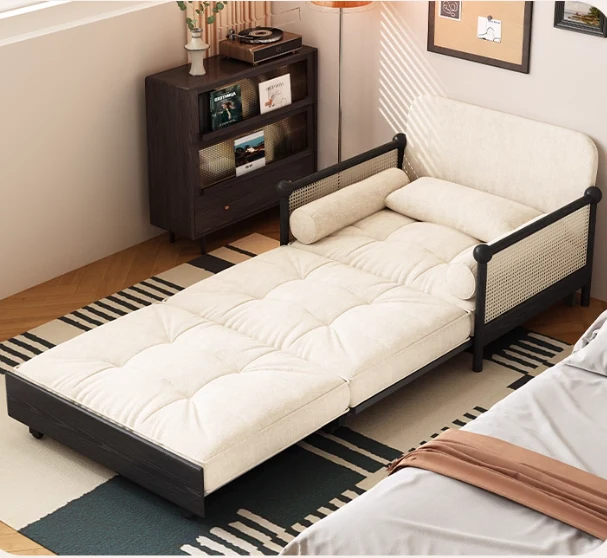 3-in-1-Schlafsofa mit Armlehnen aus Rattan-Geflecht und Chenille-Bezug sowie integriertem Stauraum
