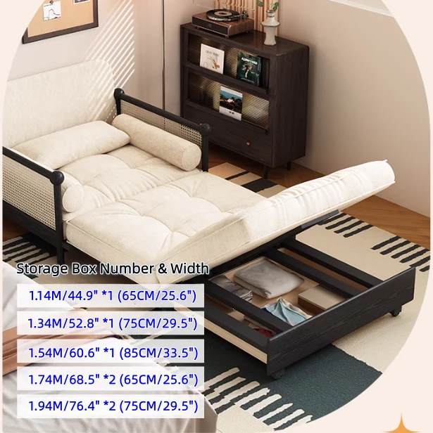 3-in-1-Schlafsofa mit Armlehnen aus Rattan-Geflecht und Chenille-Bezug sowie integriertem Stauraum