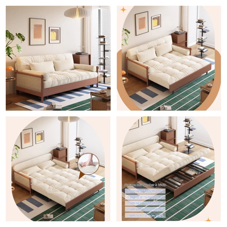 3-in-1-Schlafsofa mit Armlehnen aus Rattan-Geflecht und Chenille-Bezug sowie integriertem Stauraum