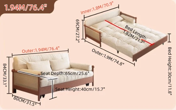 3-in-1-Schlafsofa mit Armlehnen aus Rattan-Geflecht und Chenille-Bezug sowie integriertem Stauraum