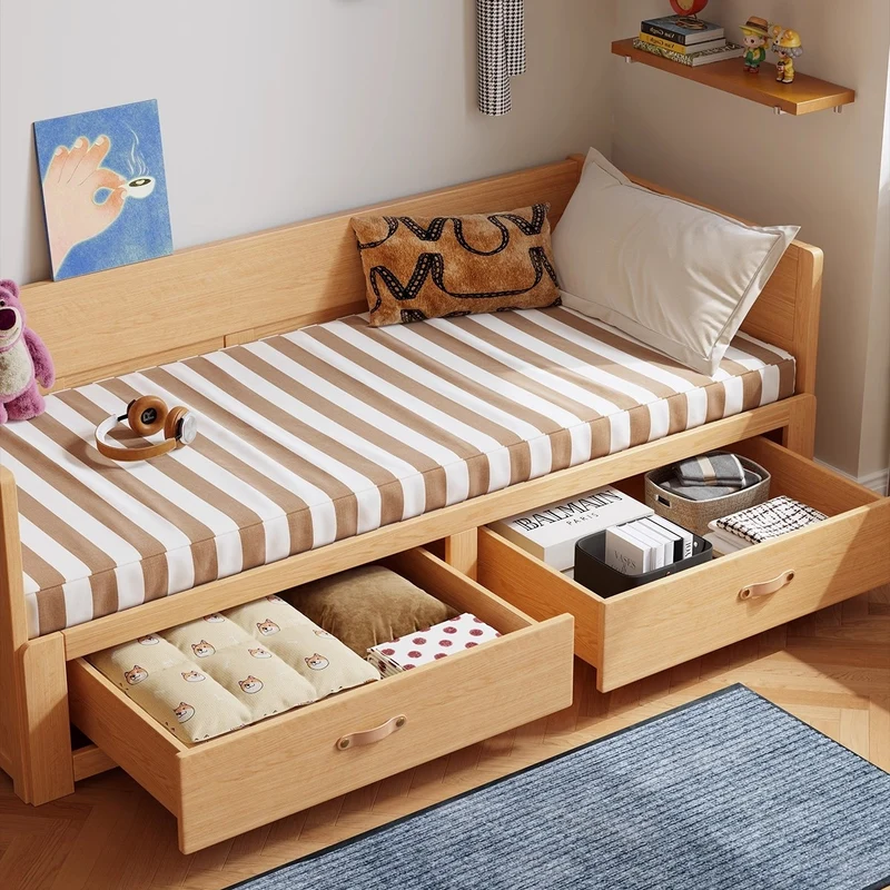 Ausziehbares Schlafsofa POLKA aus Massivholz mit darunterliegenden Schubladen