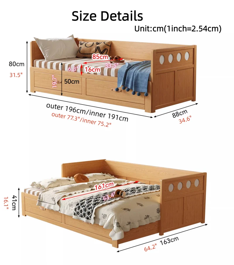 Ausziehbares Schlafsofa POLKA aus Massivholz mit darunterliegenden Schubladen