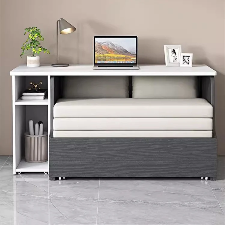Platzsparendes Schlafsofa mit Stauraum darunter und Computertisch-Set