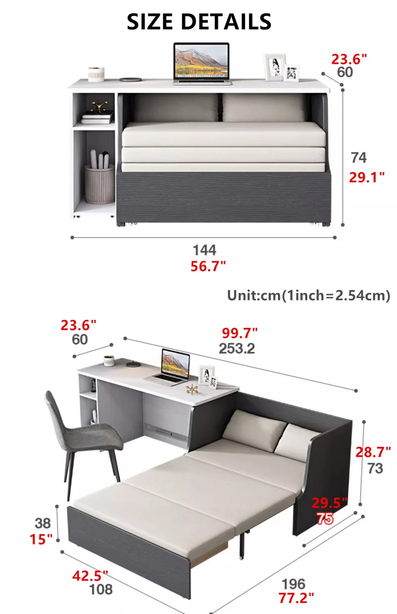 Platzsparendes Schlafsofa mit Stauraum darunter und Computertisch-Set