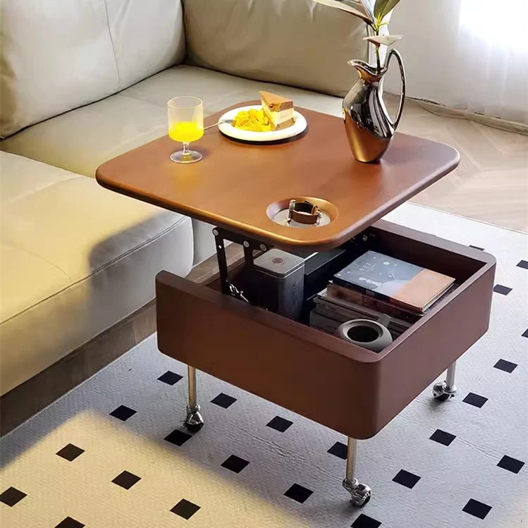 Anhebbarer Couchtisch aus Massivholz mit Stauraum und Universalrädern