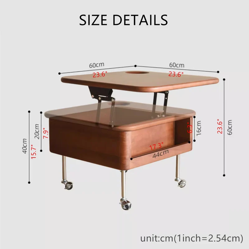 Anhebbarer Couchtisch aus Massivholz mit Stauraum und Universalrädern